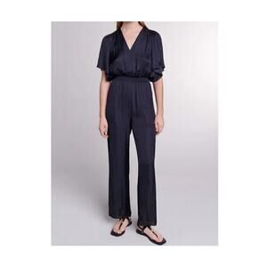 Maje $345 Black Satin Pant Jumpsuit Elastic Waist Size 42/ XL Flutter Sleeves